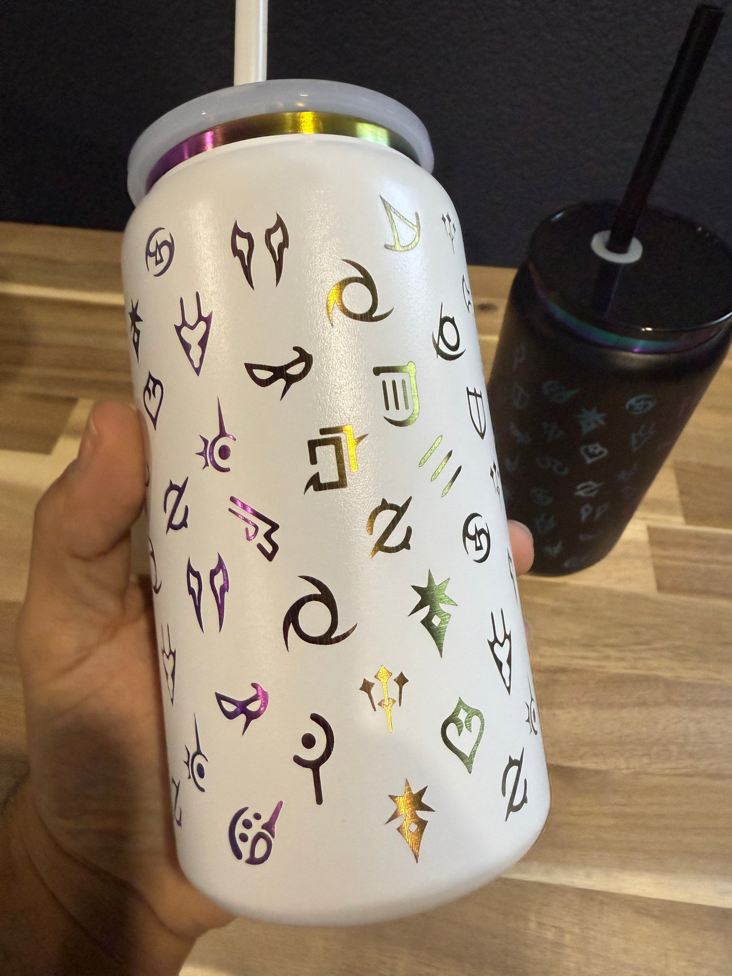 Final Fantasy XIV Full Wrap All Job Icons 16 oz Iridescent Soda can style Tumbler w/Lid and Straw