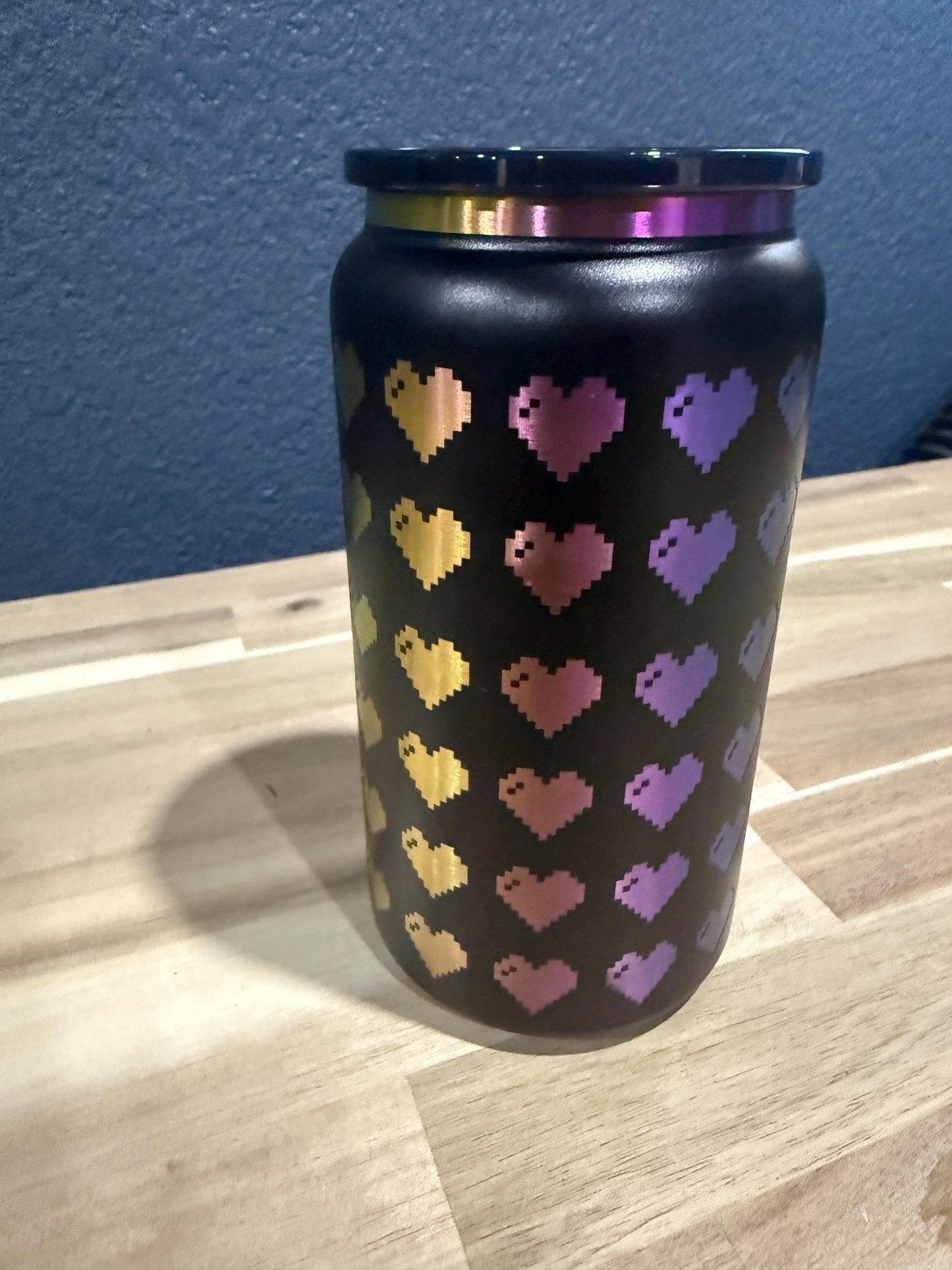 Retro Pixel Hearts 16 oz Iridescent Soda can style Tumbler w/Lid and Straw