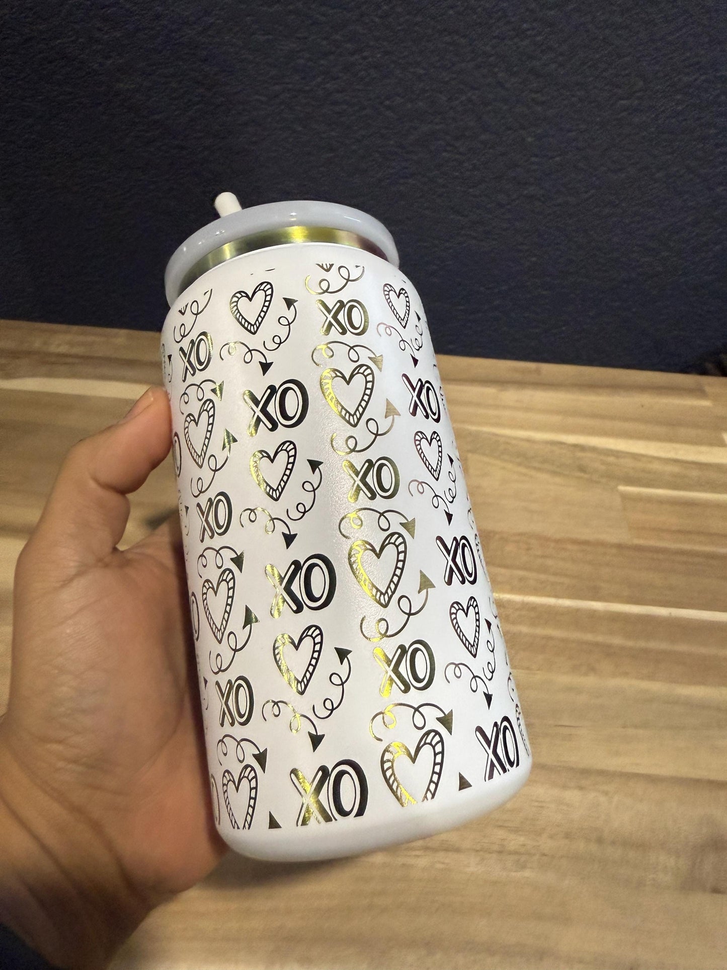 16 oz Iridescent Soda can style Tumbler w/Lid and Straw, Valentines XOXO Hearts Fashion, Gift For Her, Birthday Gift, Anniversary Present