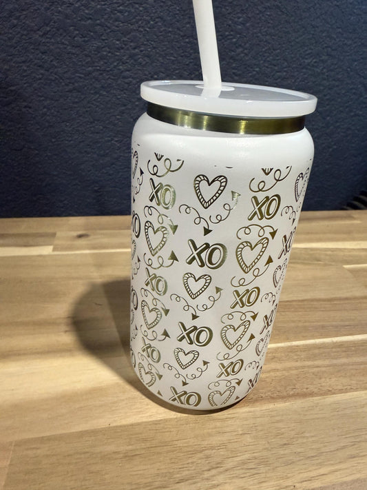 16 oz Iridescent Soda can style Tumbler w/Lid and Straw, Valentines XOXO Hearts Fashion, Gift For Her, Birthday Gift, Anniversary Present