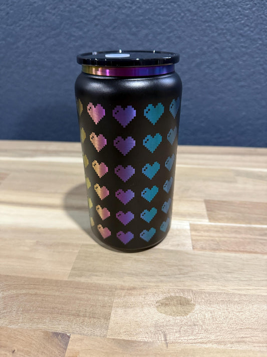 Retro Pixel Hearts 16 oz Iridescent Soda can style Tumbler w/Lid and Straw