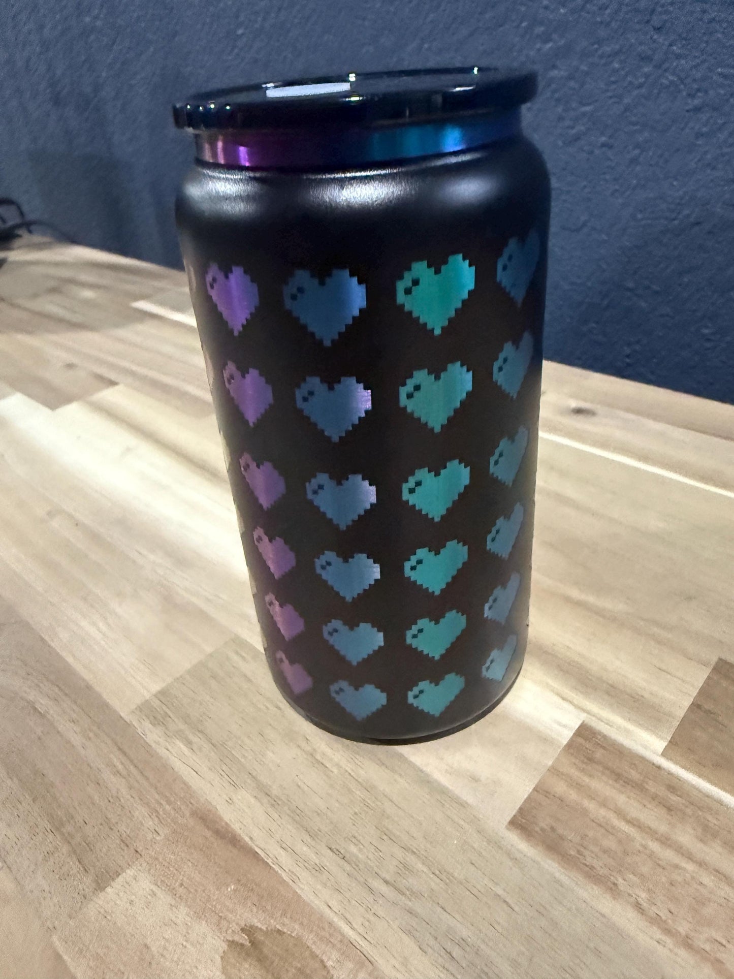 Retro Pixel Hearts 16 oz Iridescent Soda can style Tumbler w/Lid and Straw
