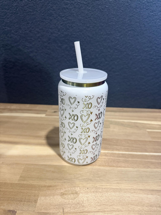 16 oz Iridescent Soda can style Tumbler w/Lid and Straw, Valentines XOXO Hearts Fashion, Gift For Her, Birthday Gift, Anniversary Present