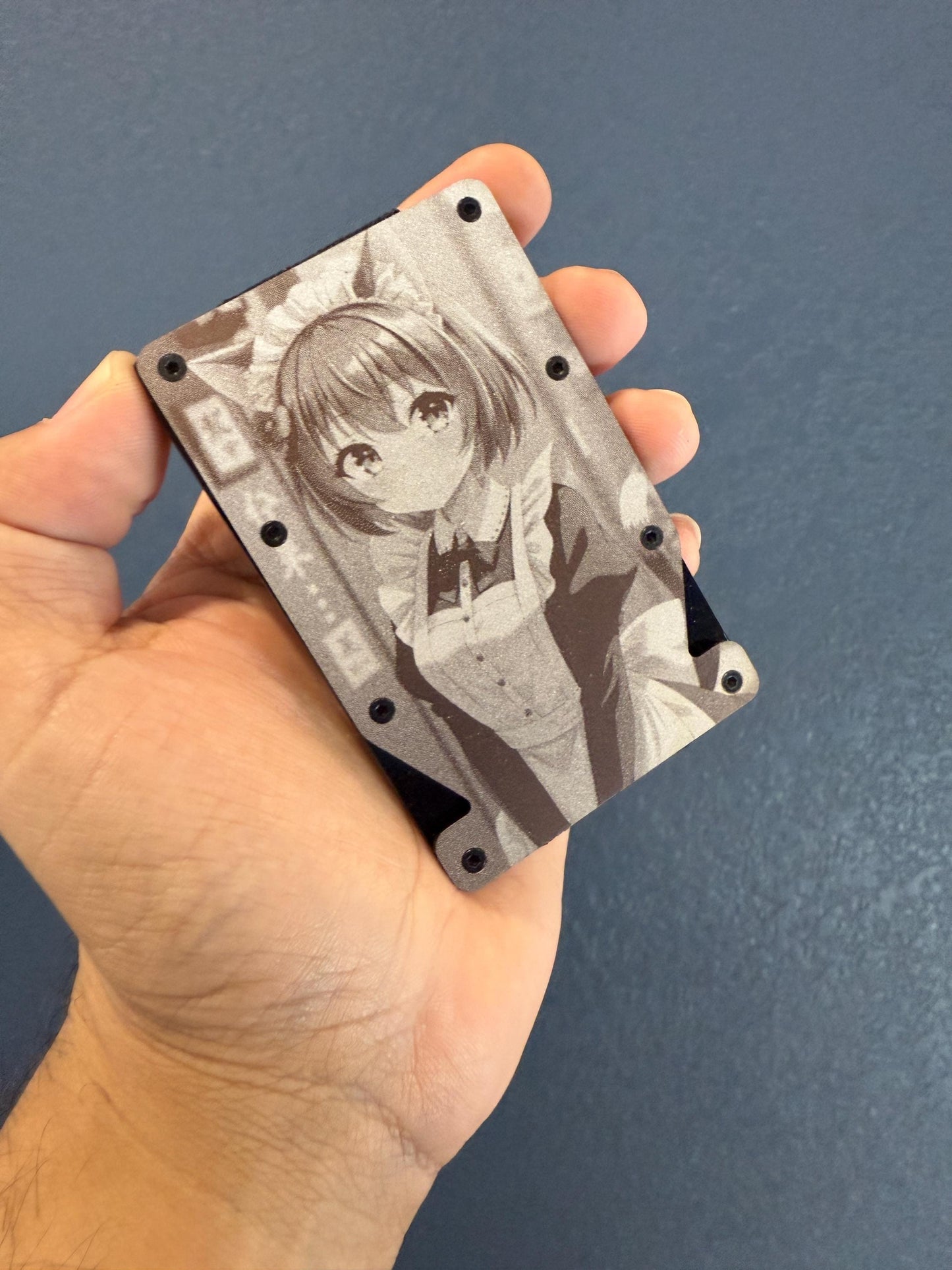 Laser Engraved Double Notched Wallet, Custom Anime Waifu Husbando Engraving, Minimalist Slim Metal Wallet, Otaku Gift, RFID Blocking