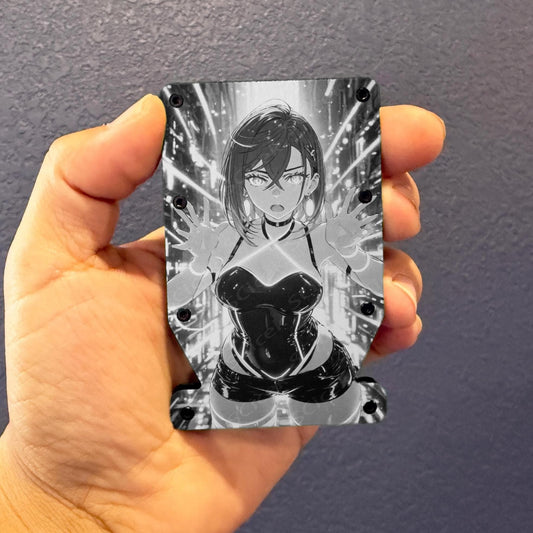 Laser Engraved Double Notched Wallet, Custom Anime Waifu Husbando Engraving, Minimalist Slim Metal Wallet, Otaku Gift, RFID Blocking
