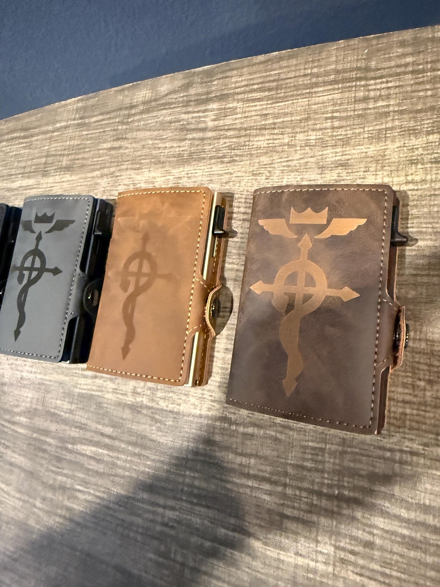 Bifold Popup PU Leather Wallet RFID Blocking Laser Engraved Anime Metal Alchemist Flamel