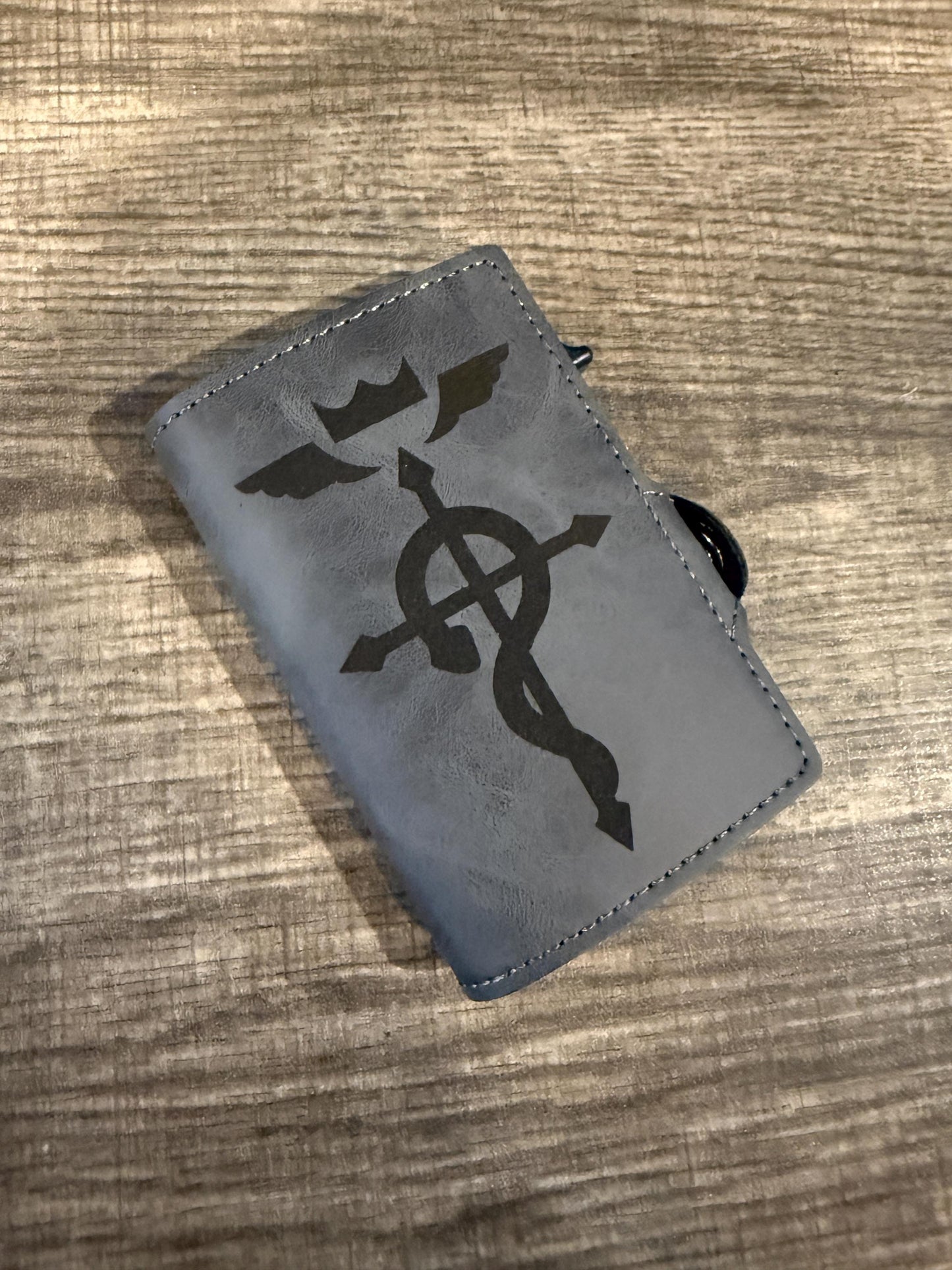 Bifold Popup PU Leather Wallet RFID Blocking Laser Engraved Anime Metal Alchemist Flamel