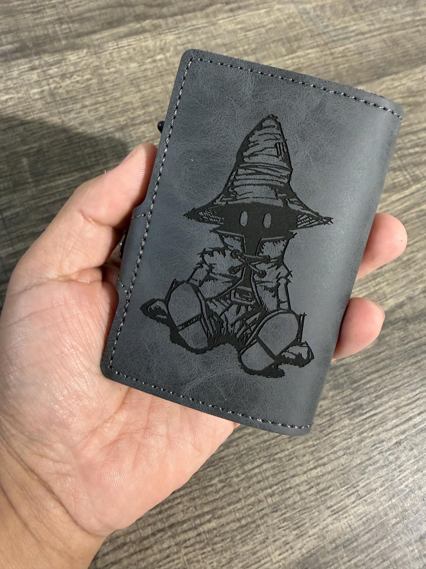 Bifold Popup PU Leather Wallet RFID Blocking Laser Engraved High Fantasy Black Mage Video Game Inspired