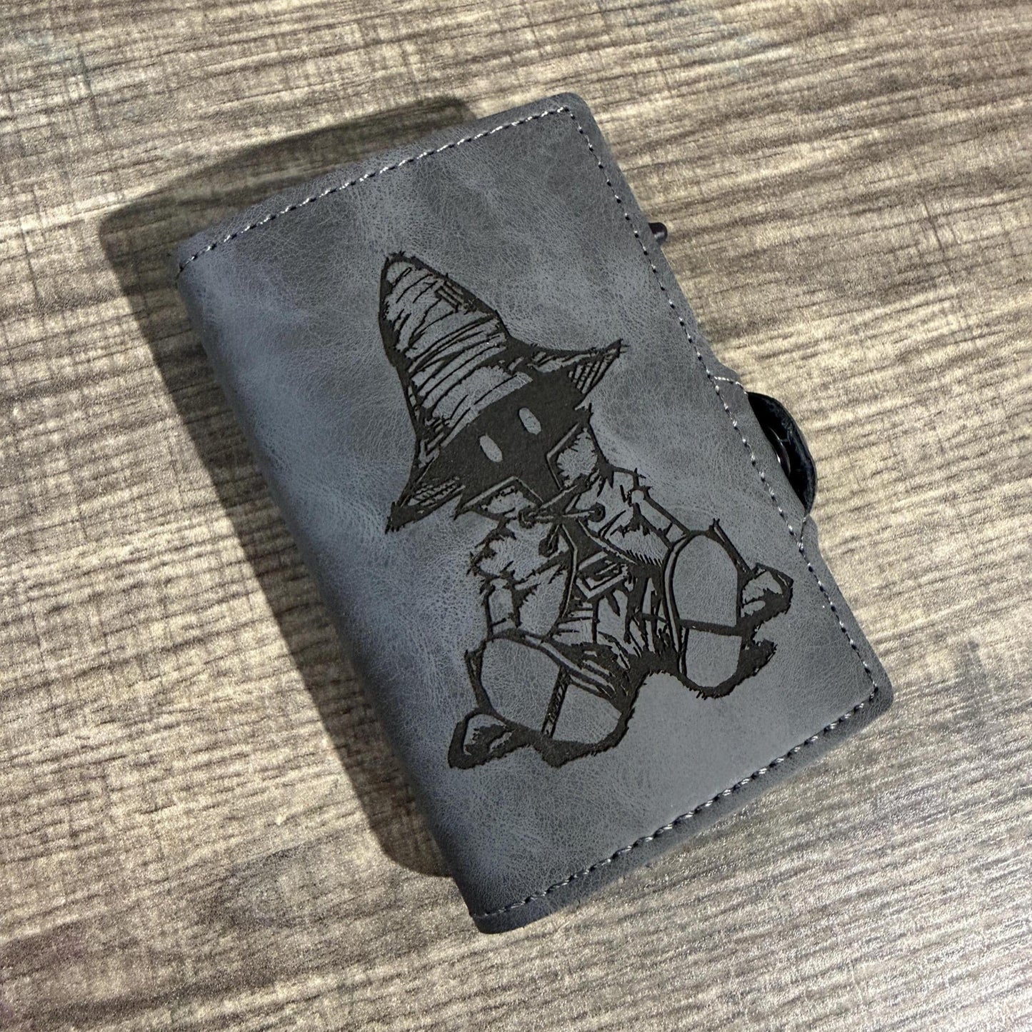 Bifold Popup PU Leather Wallet RFID Blocking Laser Engraved High Fantasy Black Mage Video Game Inspired
